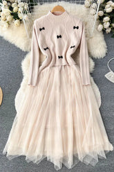 Set Elegante Spitze Patchwork Strickpullover Kleid Retro Schleife Weste + Langes Kleid 2PCS